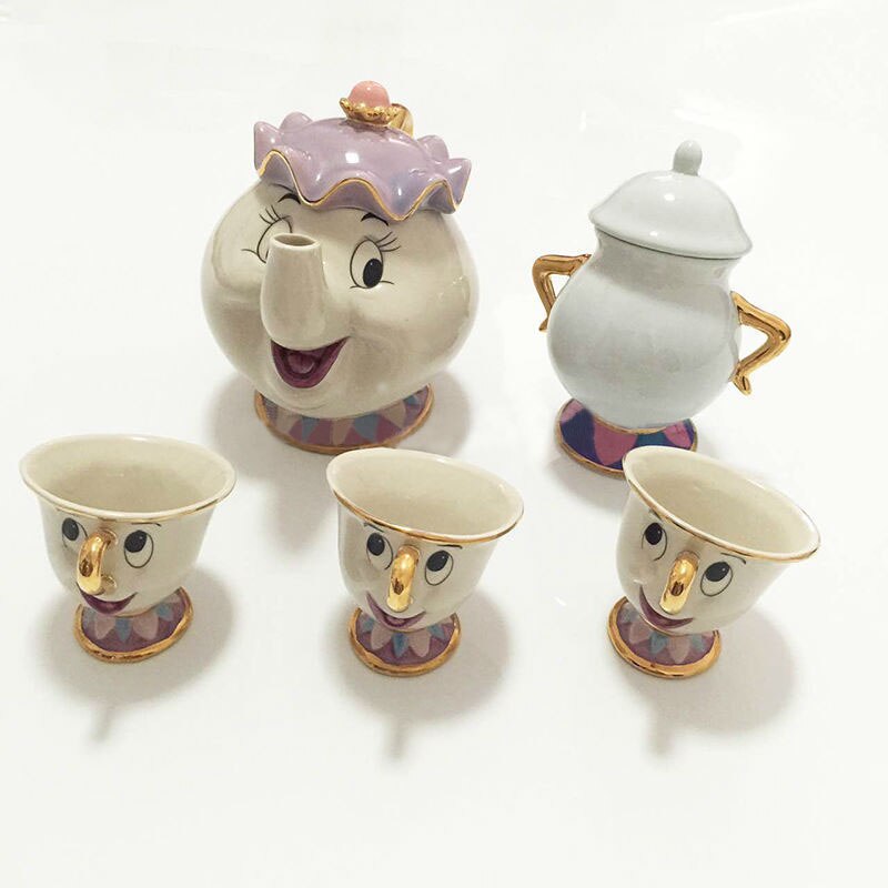 Cartoon Beauty And The Beast Teekanne Tasse Mrs Potts Chip Teekanne Tassen Set Cogsworth Porzellan Geschenk 18 Karat vergoldete Emaille