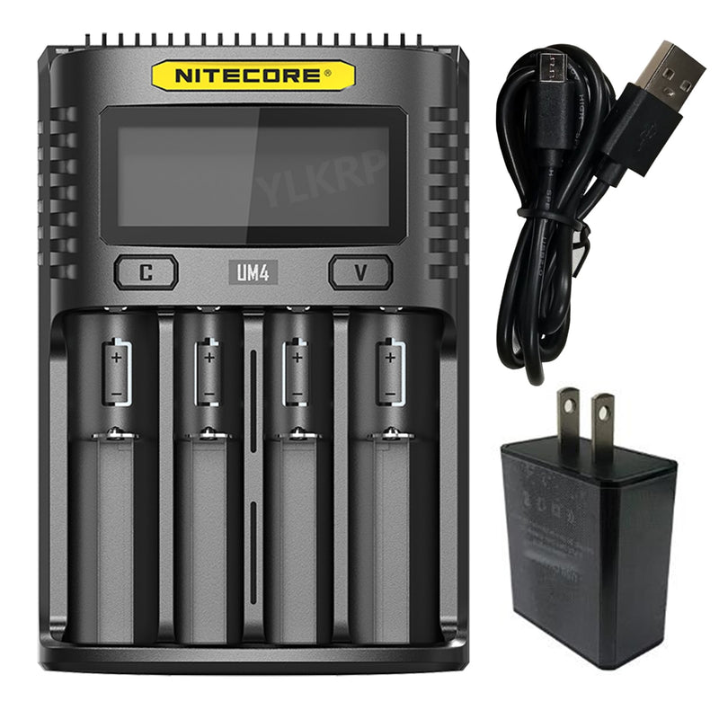 Cargador de batería 100% Original Nitecore UM4 UM2 USB QC Circuito inteligente Seguro global li-ion AA AAA 18650 21700 26650