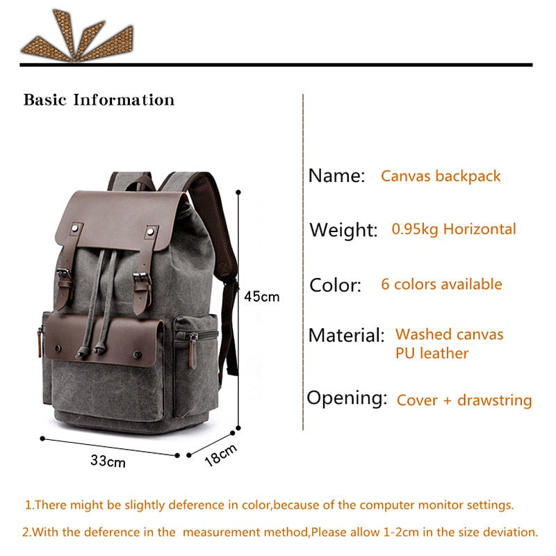 Fashion Canvas Backpack Bag Men Large Capacity Suit 17 Inch Laptop Drawstring Leather Cover Travel Rucksack Student Bookbag 2021