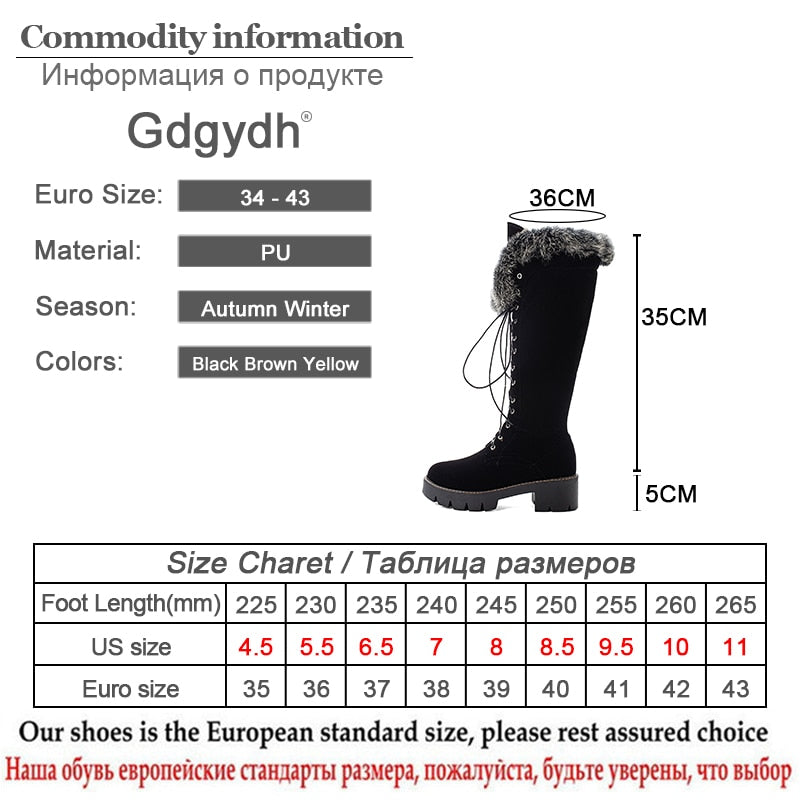 Gdgydh Lace-up Winter Shoes Women Snow Boots Real Fur Boots Women Knee High Suede Thick Heel Warm Outdoor With Zip Big Size 43