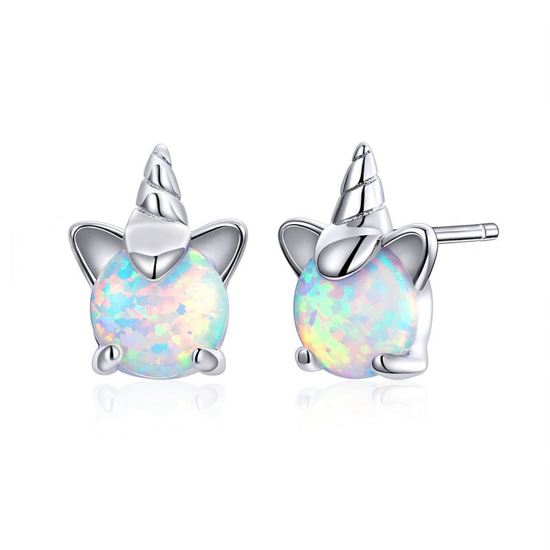 WOSTU 925 Sterling Silver Opal Stud Earrings Cat Unicorn Heart Blue Opal Earrings For Women Original Silver 925 Jewelry