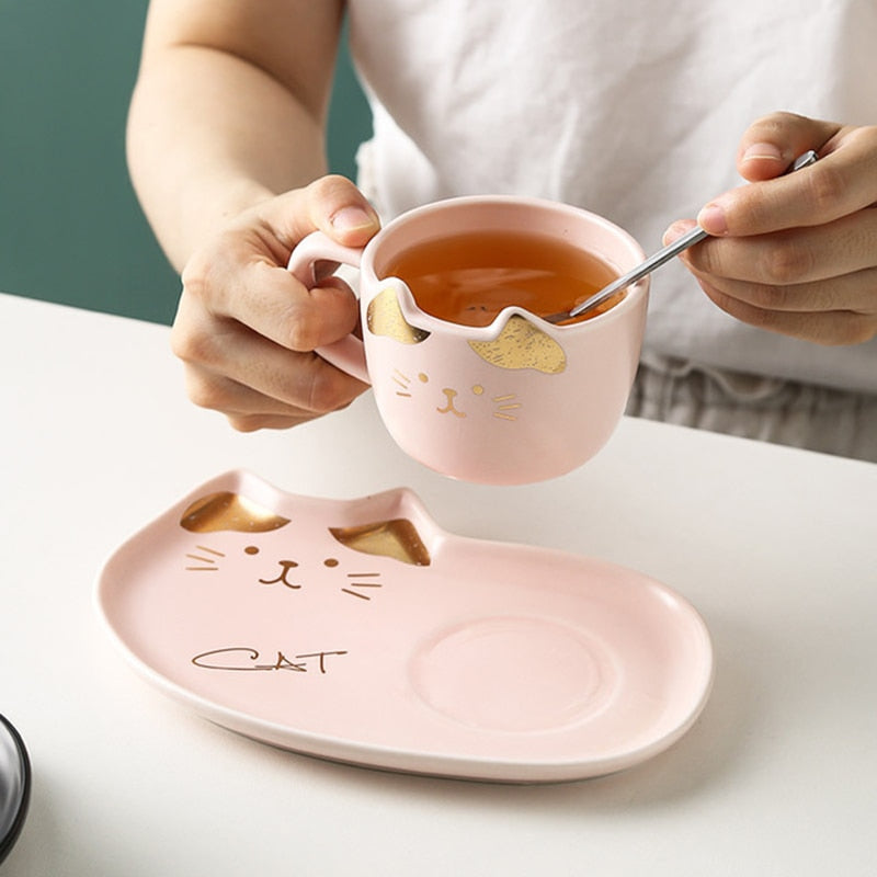 Ceramic Coffee Cup Sets Cartoon Cat Pattern Tea Cup Dessert Plate Outfit Creative Cute Coffee Cup and Saucer Set Give Away Spoon