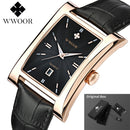 WWOOR Brand Classic Fashion Mens Rectangle Watches Male Gold Brown Leather Quartz Waterproof Wrist Watch For Men Calendar Clocks