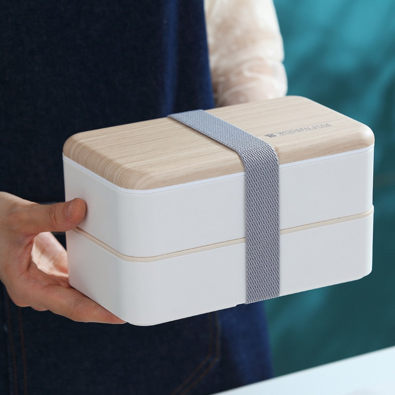 Fiambrera de doble capa para microondas, caja Bento de estilo madera, contenedor portátil sin BPA