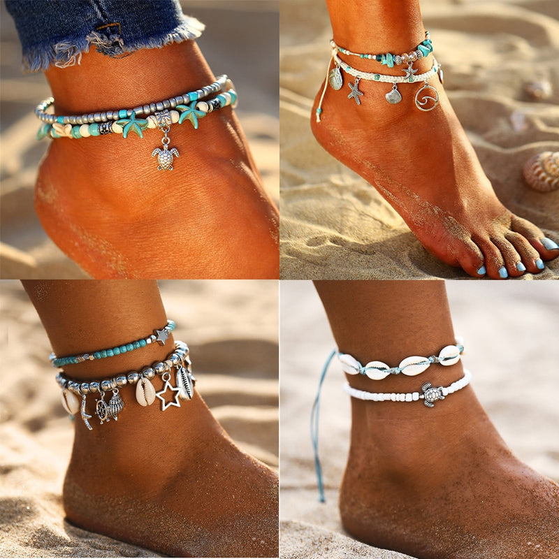 BLUESTAR Bohemian Multiple Layers Turtle Beads Anklets jewelry Vintage Chain Anklet Bracelet Beach Jewelry DIY bangle set