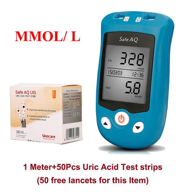 Sinocare Safe AQ UG mg/dL Blood Glucose & Uric Acid Meter & Glucose / Uric Strips for Diabetics Gout Glucose Meter Multi-package