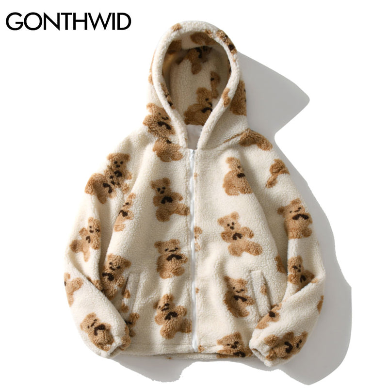 GONTHWID, chaquetas con capucha de lana, ropa de calle informal Harajuku Hip Hop para hombres y mujeres, abrigo con capucha y cremallera completa con estampado de oso a la moda, Tops, prendas de vestir