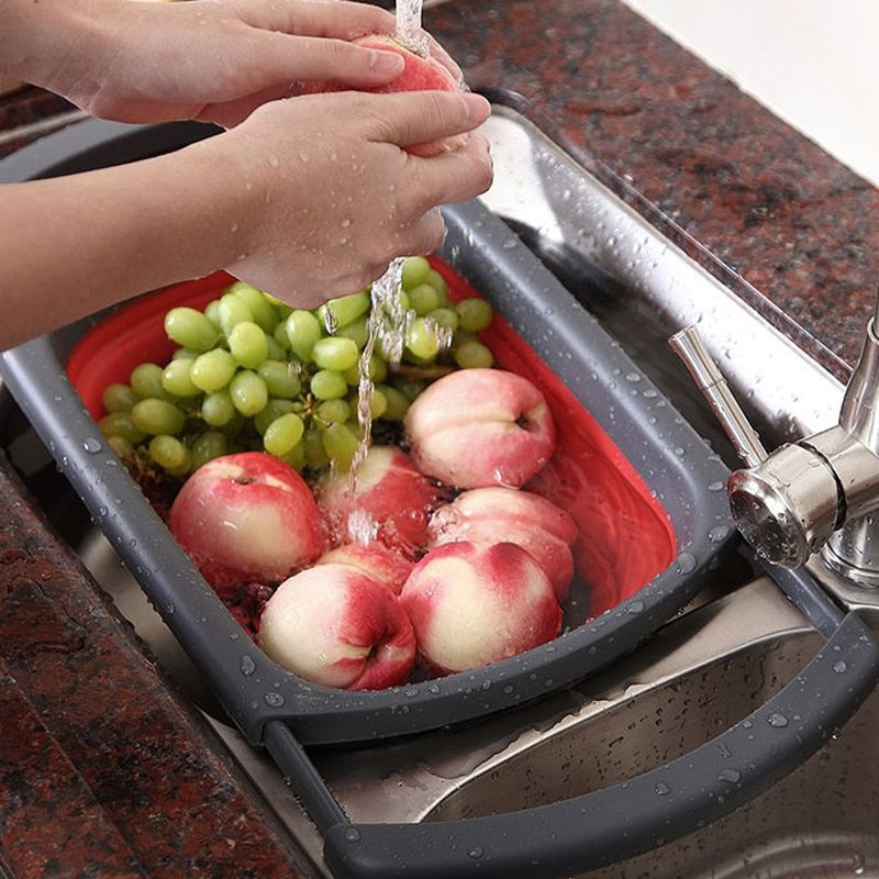 Colador plegable para frutas y verduras, colador de cocina plegable ecológico, cestas de drenaje plegables con asas retráctiles