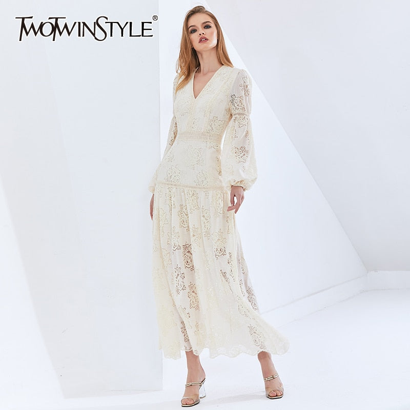 TWOTWINSTYLE Vintage Patchwork Spitze Perspektive Kleid für Damen Laternenärmel hohe Taille übergroße Kleider Damen Neu 2022