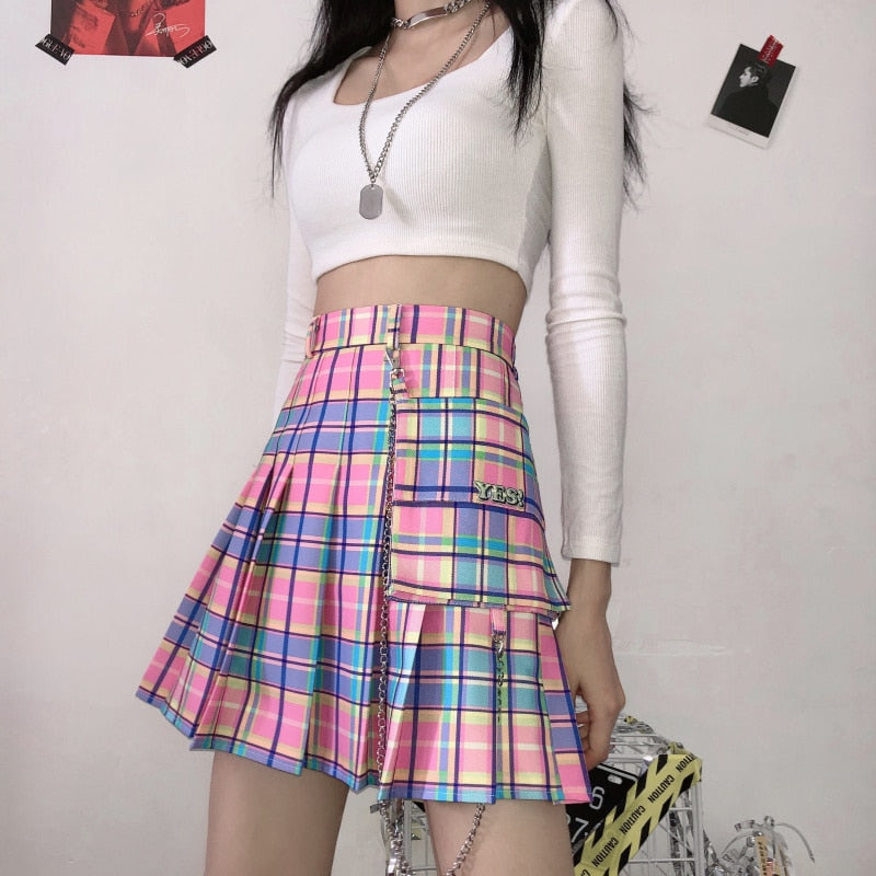 Harajuku Cute Skirts Women Kawaii Plaid Elastic High Waist A-line Pleated Mini Skirts Rainbow Korean Japanese School Uniform