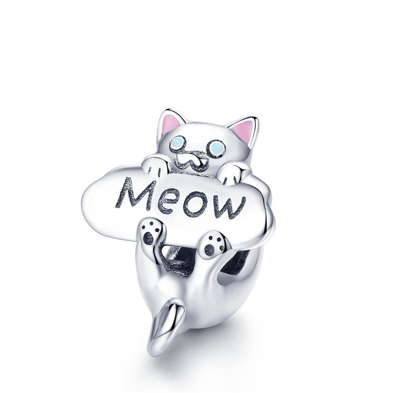 WOSTU Cute Cat Charms 925 Sterling Silver Animal Pussy Zirconia Beads Fit Original pulsera colgante DIY collar joyería