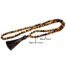 Grado Natural A 8mm piedra de ojo de tigre y cuentas de ónix negro brillante collar 108 cuentas Mala joyería Buda oración pulsera mujeres hombres
