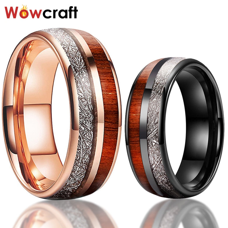 Rose Gold/Black 8mm Wedding Bands Tungsten Carbide Rings for Men Women Domed Koa Wood Meteorite Inlay Polished Shiny Comfort Fit