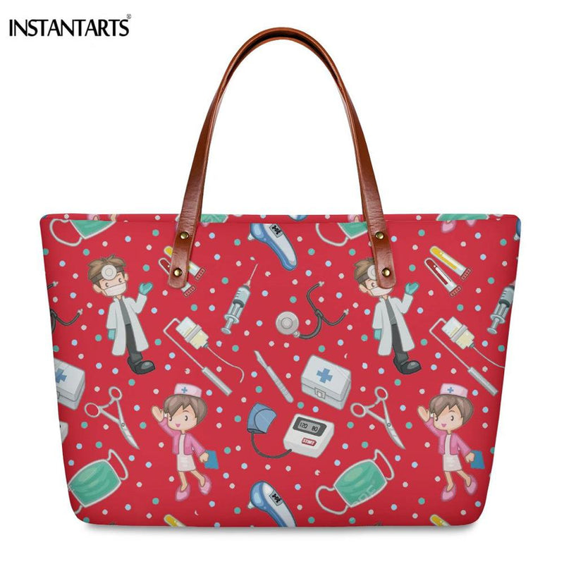 INSTANTARTS Cartoon Nurse Print Women Casual Work Handbags Large Capacity Tote Hospital Paramedical Fashion Travel Shoulder Bag