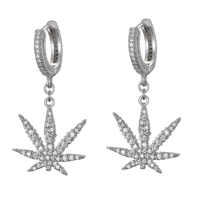 Hip Hop 1Pair Iced Zircon Maple leaf Earring Micro Paved AAA+ Bling CZ Stone Earrings For Men Women Jewelry