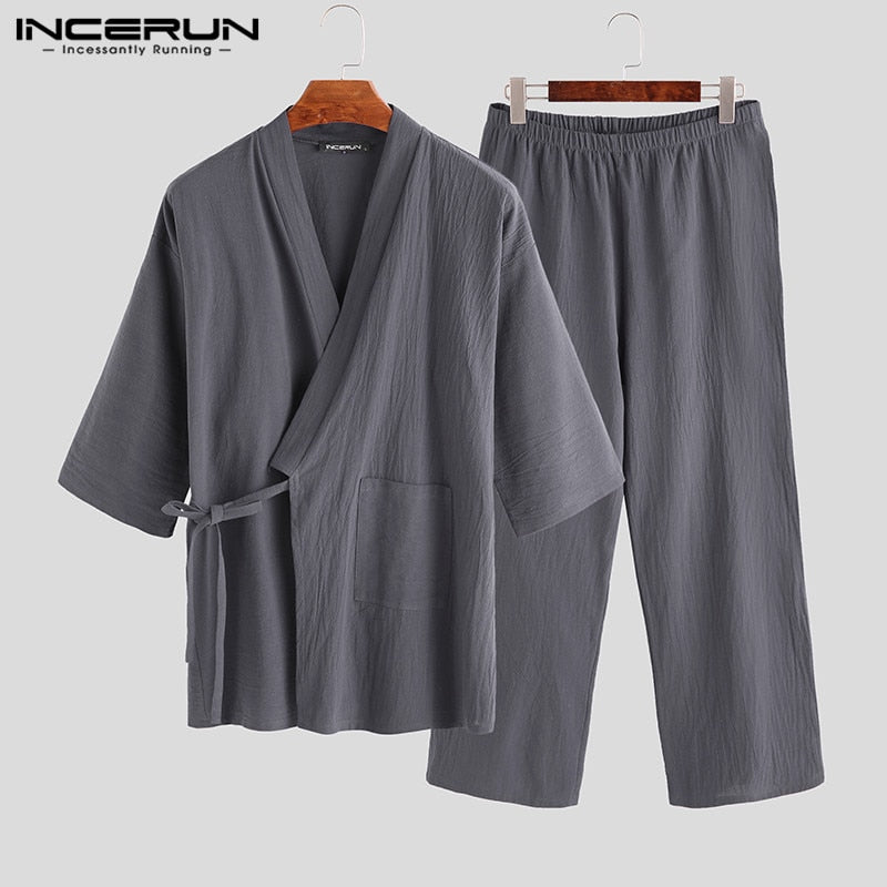 Kimono japonés para Hombre, trajes de pijama, bata para Hombre, 2 unids/set, albornoz de salón, ropa de dormir, pijamas cómodos de algodón sueltos para Hombre