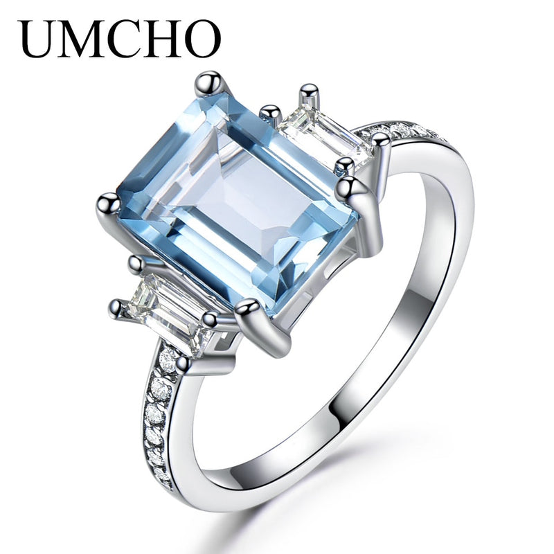 UMCHO Blauer Topas Edelstein Ringe für Frauen Echter 925er Sterling Silber Aquamarin Ring Romantische Hochzeit Verlobung Feiner Schmuck