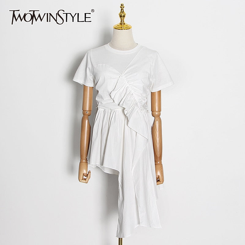 TWOTWINSTYL Eelegant Patchwork Ruffle Woman's T-shirt O Neck Short Sleeve Ruched Asymmetric Oversize Casual Shirt Female Fashion