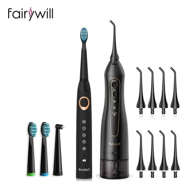 Fairywill-cepillo de dientes eléctrico sónico y hilo dental de agua, carga USB, resistente al agua, 5 modos, 3 cabezales de cepillo, cepillos de dientes, limpiador de dientes