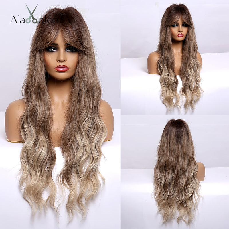 ALAN EATON Long Ombre Black Brown Blonde Wigs with Bangs Heat Resistant Synthetic Wave Wigs for Women African American Cosplay