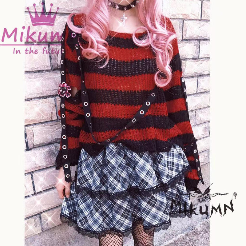 Gothic Grunge Punk Purple Black Pink Striped Knitted Sweater For Women Girls Chic Streetwear