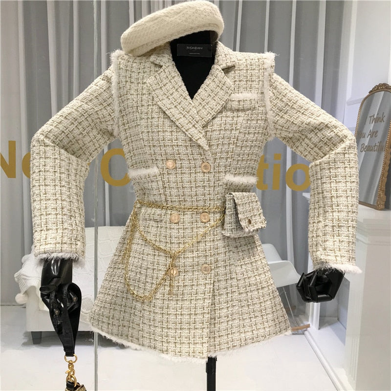 2020 neue Goldfaden Plaid Anzug Mantel Frauen gekerbte zweireihige Feder Quaste Trim dünne Tweed Jacke mit kostenloser Gürteltasche