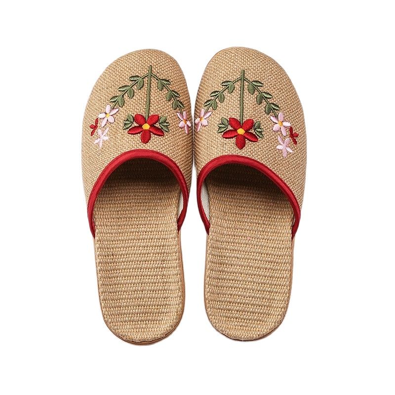 Suihyung New Women Breathable Flax Indoor Slippers Embroider Floral Linen Home Slip On Ladies Summer Non-Slip Fat Beach Shoes