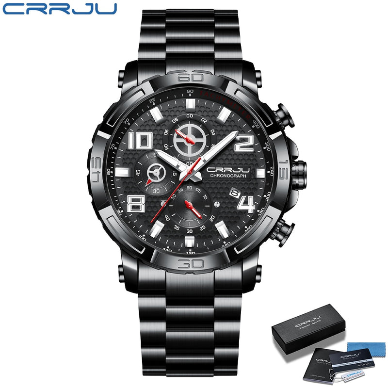 Relojes CRRJU para hombre, esfera grande, resistente al agua, de acero inoxidable, con manecillas luminosas, cronógrafo deportivo, reloj Masculino