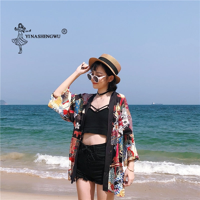 Yukata Frauen Kimono Cardigan Japan Kimonos Asien Kleidung Sommer Fischdruck Shirt Top Lässige Kimonos Kawaii Kimono Cosplay Kostüm