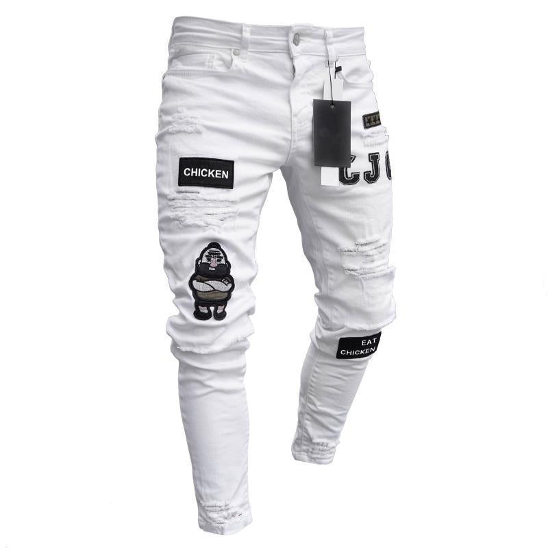 ¡Novedad de 2022! Pantalones vaqueros rasgados ajustados para hombre, pantalones vaqueros pintados con parche, pantalones de mendigo, pantalones Jumbo de Hip Hop para hombre, talla S-4XL