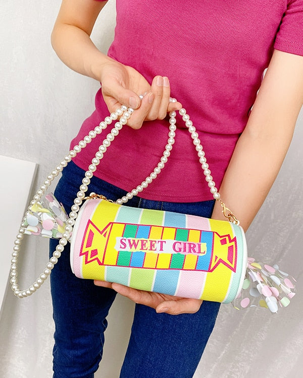 Bolso de hombro con diseño de caramelo dulce, bolso de mano de Pu con rayas de colores para mujer, bolso cruzado informal con letras bordadas, bolso femenino 2021