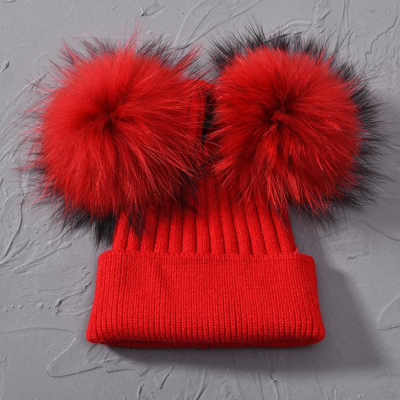 Double Real Raccoon Fur Pompom Hat Women Winter Caps Knitted Wool Hats Skullies Beanies Girls Female Two Fur Pom Pom Beanie Hat