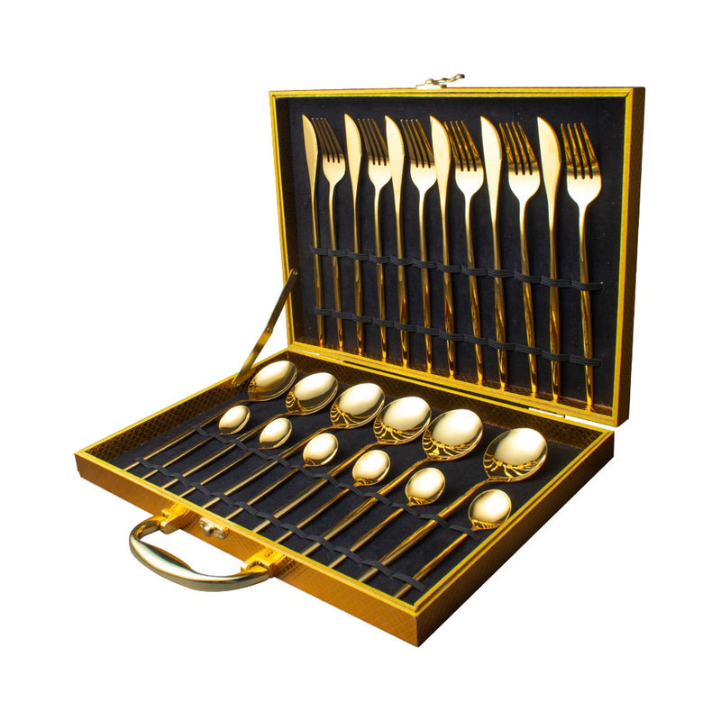 24-teiliges Gold-Geschirr-Set, Edelstahl-Geschirr-Set, Messer, Gabel, Löffel, Luxus-Besteck, Geschenkbox, Besteck, spülmaschinenfest