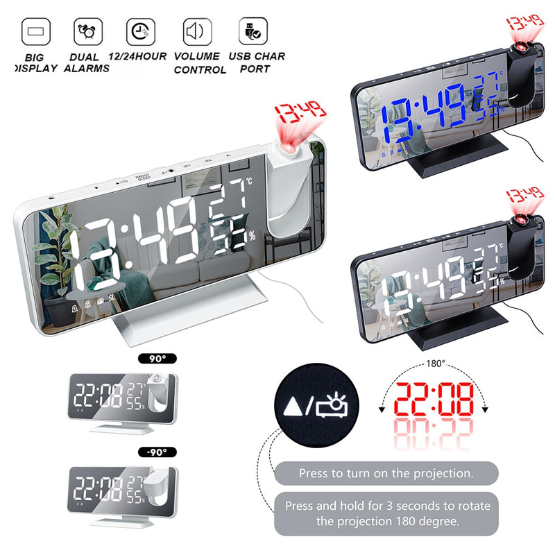 3-farbiger LED-Digitalwecker mit Radioprojektion und Spiegeluhr für Temperatur und Luftfeuchtigkeit, multifunktionale Nachtzeitanzeige