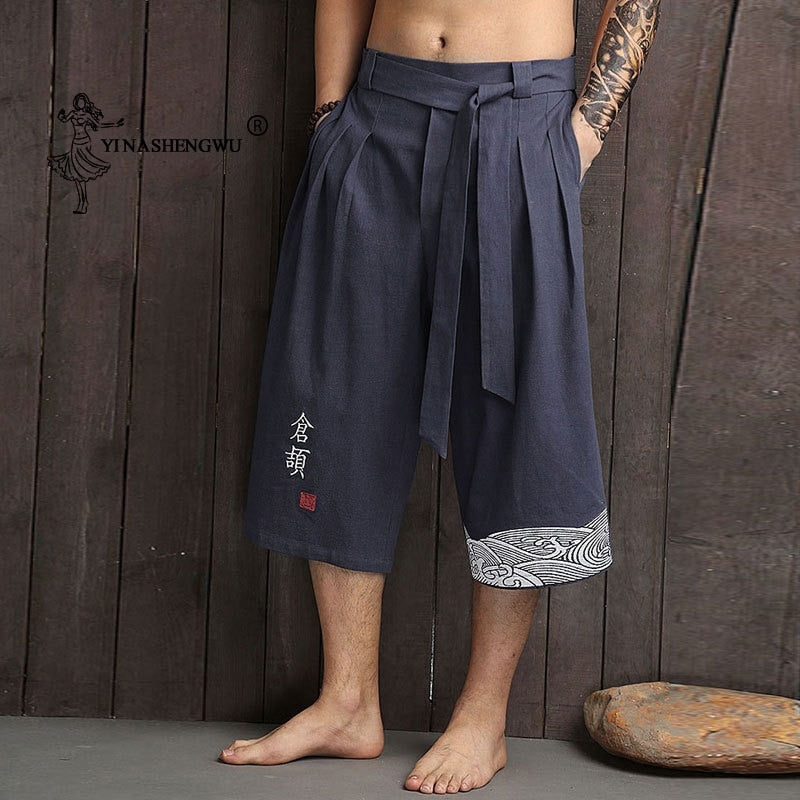 Kimono japonés, pantalones tradicionales para hombre, ropa asiática, pantalón de baño, informal, holgado, estilo japonés, Yukata, pantalones recortados de lino