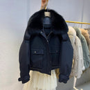 Janveny Real Fox Fur Women's Down Jacket 2021 Short Loose 90% White Duck Down Coat Fashion Female Big Pocket Puffer Snow Outwear