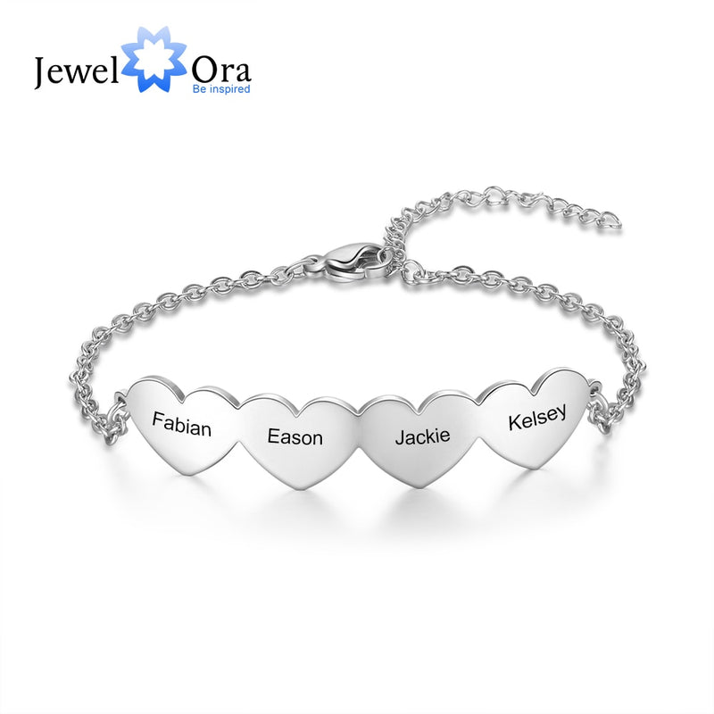 JewelOra Customized 2-5 Hearts Charm Bracelets  for Women Stainless Steel Personalized Engraved Bracelets Custom Jewelry Gifts