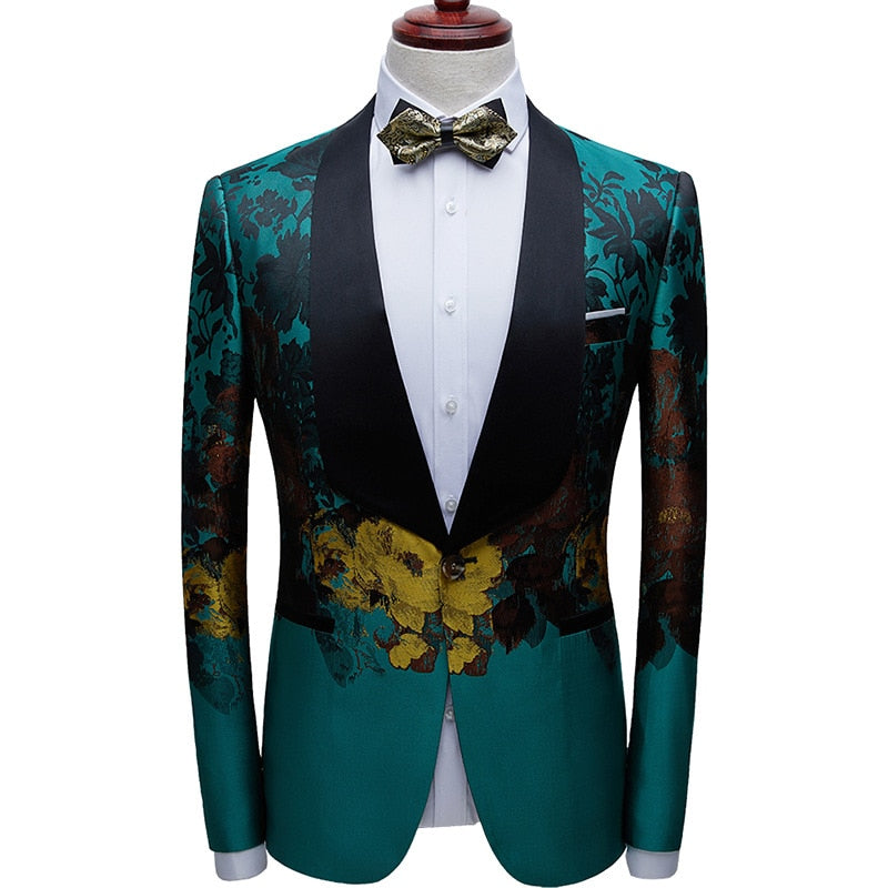 Herren Luxus Blumendruck Grün Kleid Blazer Ein Knopf Schal Revers Herren Smoking Anzug Jacke Abendessen Hochzeit Kostüm Homme