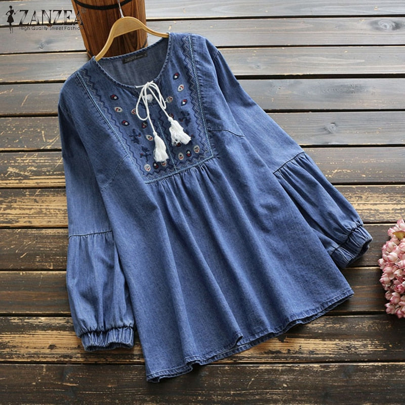 Elegant Denim Blue Shirts Womens Embroidery Blouse 2022 ZANZEA Tassel Puff Sleeve Blusas Female Casual Floral Tops