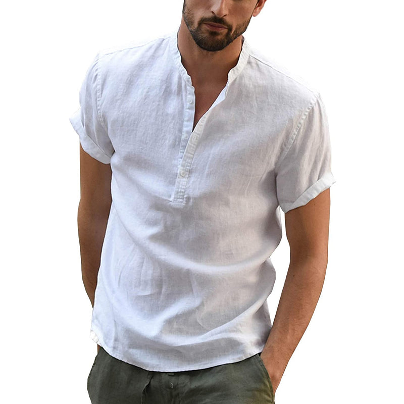 Men's Casual Cotton Linen Shirts Summer Short Sleeve Linen Turn-Down Collar Shirts Handsome Men Shirts
