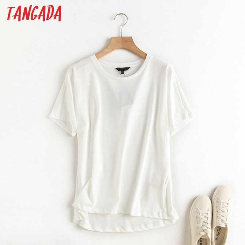 Tangada 2022 women khaki basic cotton T shirt short sleeve O neck tees ladies casual tee shirt street wear top 6D5