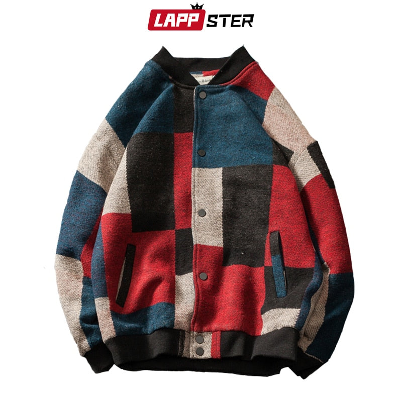 LAPPSTER Autumn Men Harajuku Plaid Bomber Jackets 2022 Mens Japanese Streetwear Windbreaker Korean Fashions Baseball Jackets