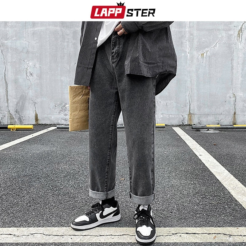 LAPPSTER Herren Graue Streetwear Baggy Jeans 2022 Herren Kpop Solid Denim Hose Paar Hohe Taille Vintage Übergroße Joggerhose