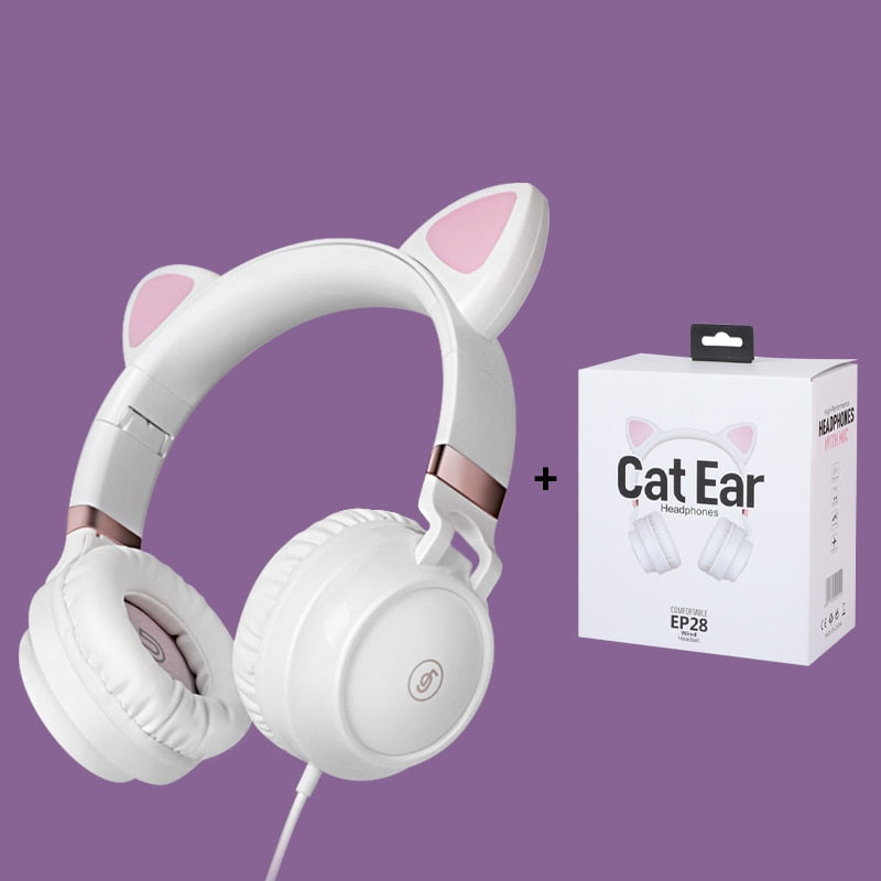 Bonitos auriculares con orejas de gato, auriculares con cable, auriculares estéreo Muisc, auriculares con cable con micrófono, auriculares para niños y niñas adultas, encantadores