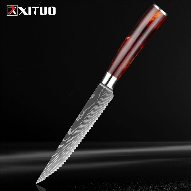 XITUO Steak Knife Set Damascus Pattern Stainless Steel Serrated Knife Beef Cleaver Multipurpose Restaurant Cutlery Table Knife