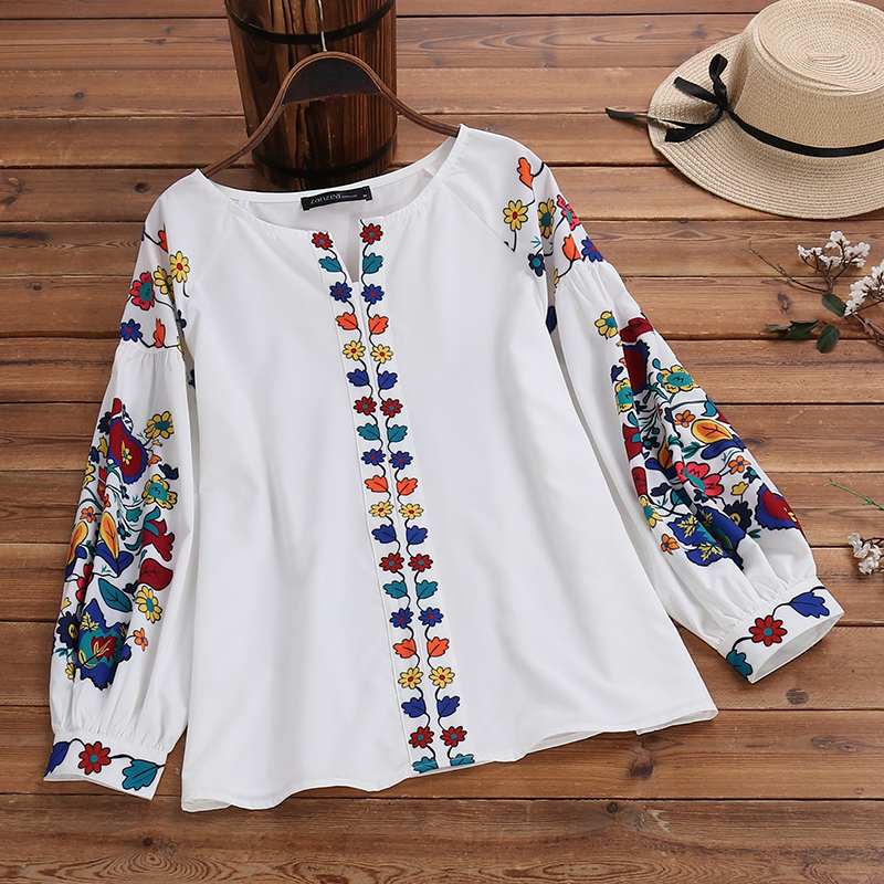 ZANZEA 2022 Mode Gedruckt Tops Frauen Herbst Bluse Bohemian V-Ausschnitt Langarm Shirts Weibliche Beiläufige Lose Blusas Übergroß