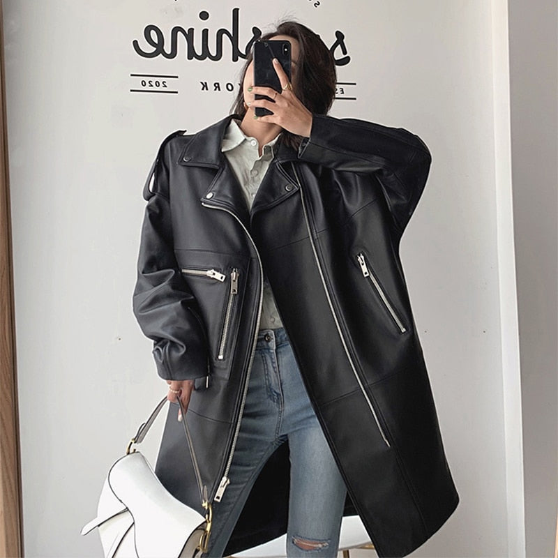 Nerazzurri Autumn Oversized Black Long Womens Leather Biker Jacket Long Sleeve Spring Loose Faux Leather Coat Streetwear 2022