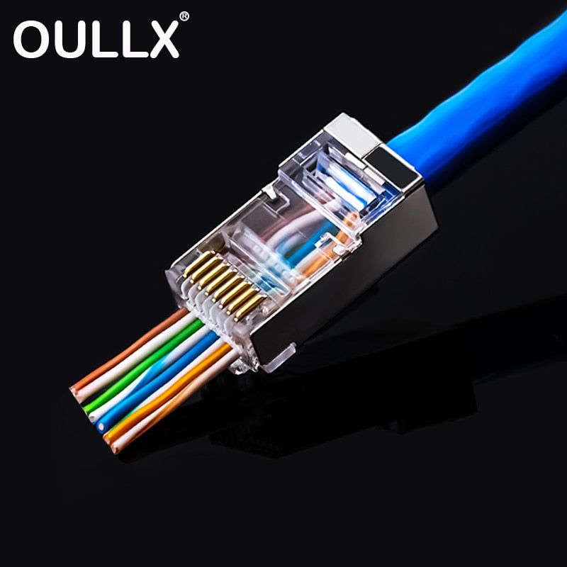 OULLX 6U RJ45 Connector Cat6 Cat6A Jack FTP Gold Plated Pass Through Ethernet Cables Network RJ-45 Plug Cat5 Cat5e STP Shielded