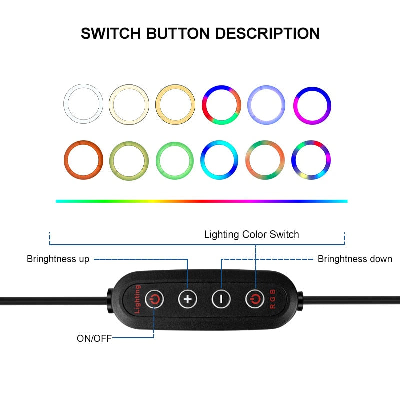 LED 10 inch RGB Dimmable Ring Lamp with Phone Clip Remote Control Photography Colorful Lighting for YouTube Live Stream