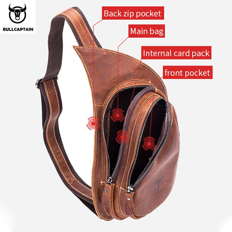 BULLCAPTAIN Leather Crossbody Bag Men Crazy Horse Leather Chest Bags New Fashion Multi-function card bag&